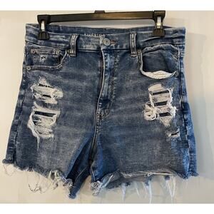American Eagle Next Level Curvy Ripped High-Waist‎ Denim Short Med Wash Cutoff 8